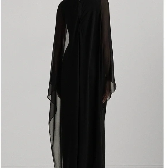 Ralph Lauren Black Sheer-Cape Maxi Dress - Picture 2 of 8
